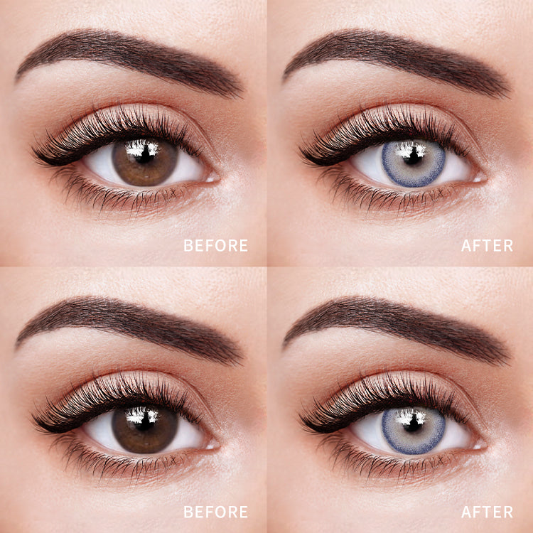 The before and after comparison of wearing Gene Purple Contact Lenses.